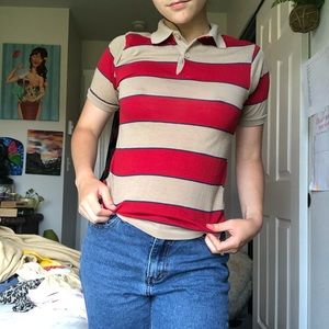 Red and tan collared shirt